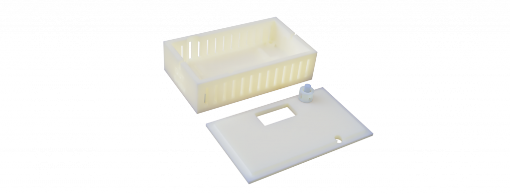 3D rendering of the printed 3D download stl case, housing with toggle button and air ribs